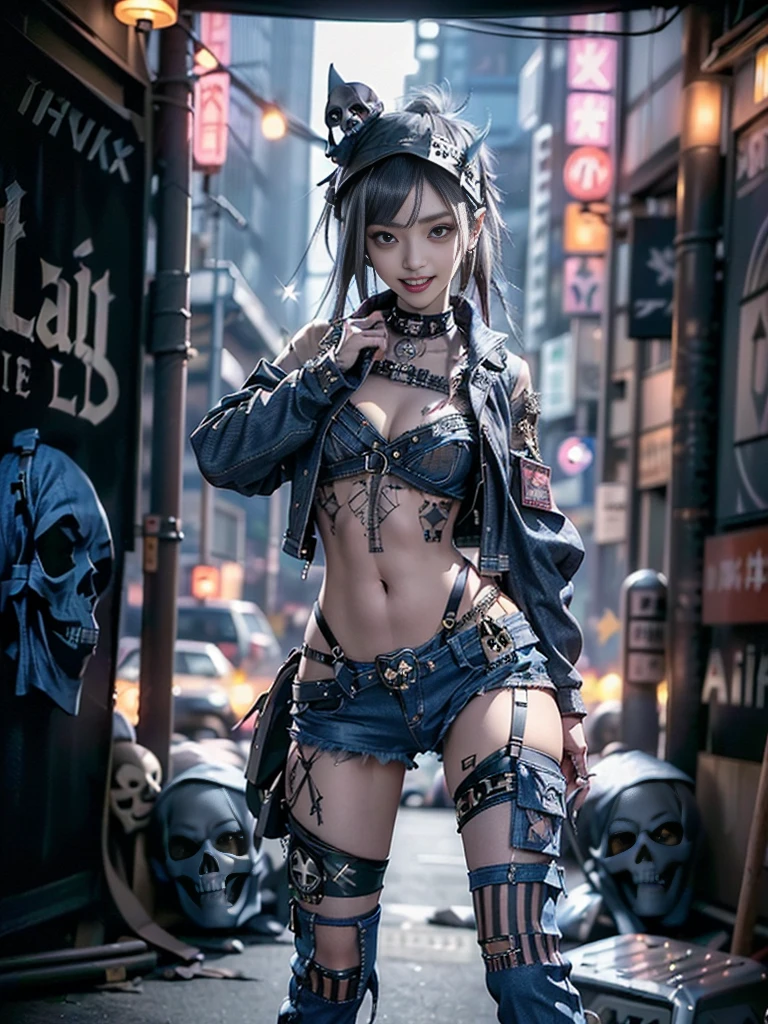 (Beautiful lips and nose:1.4)、(Long eyelashes:1.4)、(Smiling with teeth showing:1.3),(Shibuya Gal:1.5)、(Goth delicate embellished dress:1.5)、(Tattered denim and black punk rock cargo pants:1.5)、(Denim and black navy skull mark small jacket:1.4)、(denim garter belt:1.5)、(Black and denim knee socks:1.3)、(Skull Silver Accessories:1.5)、(Denim collar:1.3)、(Brown Skin Belt:1.4)、(Brown boots:1.2)、(The underwear is striped:1.4)、3、((Highest quality、In 8K、masterpiece:1.3))、Sharp focus:1.2、(Layered Cut、Huge boobs:1.1),Beautiful woman with perfect figure:1.4、(Dancing vigorously:1.3)、Slender Abs:1.2、Highly detailed face and skin texture、Detailed eyes、double eyelid,(Twin tails:1.3)、(Cream colored hair:1.3)、Gravure idol、(The background is a vast mountain with a clear view々Beautiful luxury resort destination in Europe:1.3)、(Slim Body:1.2),(Make your legs thinner:1.4),(clavicle:1.1)