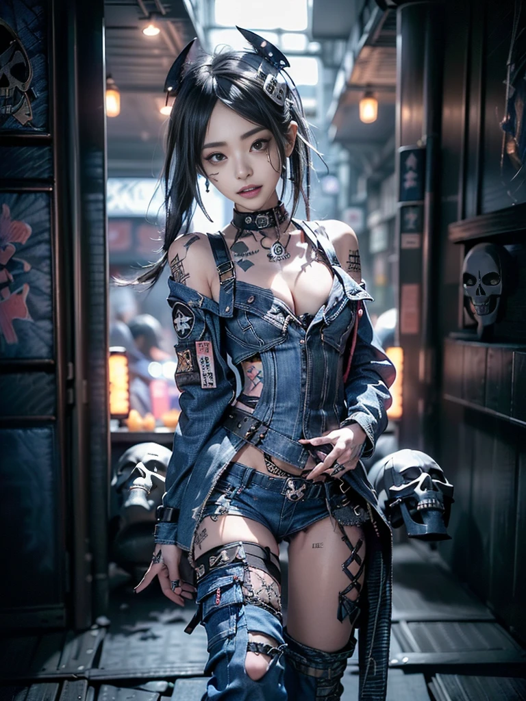 (Beautiful lips and nose:1.4)、(Long eyelashes:1.4)、(Smiling with teeth showing:1.3),(Shibuya Gal:1.5)、(Gothic intricately decorated dress:1.5)、(Tattered denim and black punk rock cargo pants:1.5)、(Denim and black navy skull mark small jacket:1.4)、(denim garter belt:1.5)、(Black and denim knee socks:1.3)、(Skull Silver Accessories:1.5)、(Denim collar:1.3)、(Brown Skin Belt:1.4)、(Brown boots:1.2)、(The underwear is striped:1.4)、3、((Highest quality、In 8K、masterpiece:1.3))、Sharp focus:1.2、(Layered Cut、Huge boobs:1.1),Beautiful woman with perfect figure:1.4、(Dancing vigorously:1.3)、Slender Abs:1.2、Highly detailed face and skin texture、Detailed eyes、double eyelid,(Twin tails:1.3)、(Brown-golden hair:1.3)、Gravure idol、(The background is a vast mountain with a clear view々Beautiful luxury resort destination in Europe:1.3)、(Slim Body:1.2),(Make your legs thinner:1.4),(clavicle:1.1)