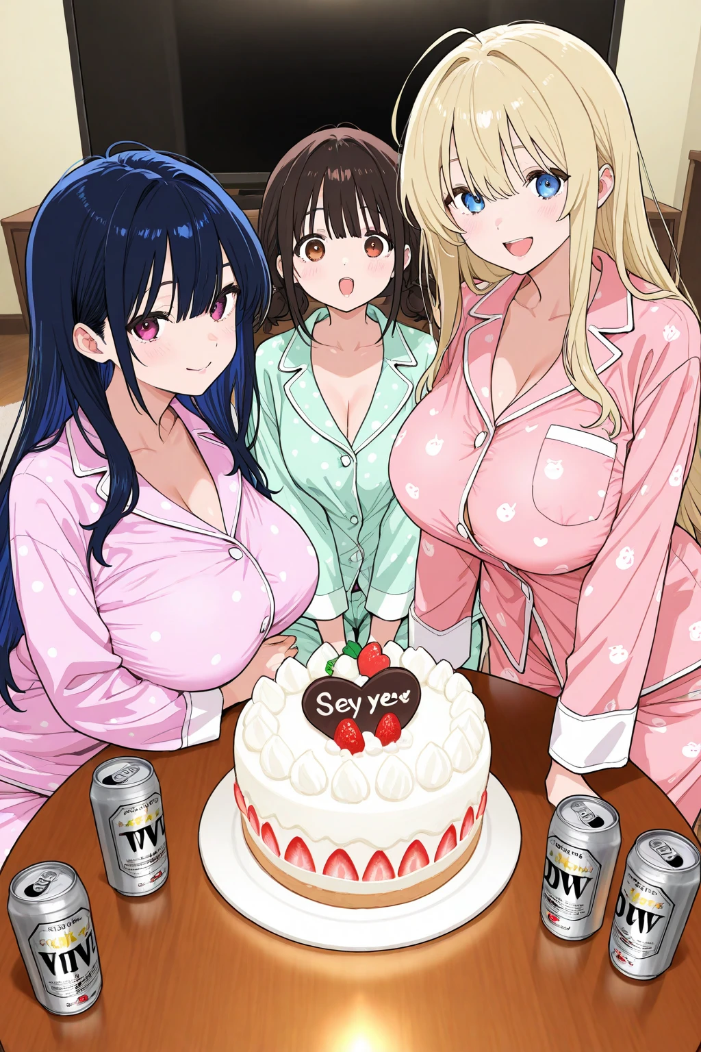5girl, birthday party, orgy, all , sex, lesbians, black hair, birthday hats, latinas, sexy poses, cake, Chao's, kissing lips, birthday background, far away, blond hair, birthday cake, photo next each other, table with cake, birthday theme, all smiling,feeding cake, smiles