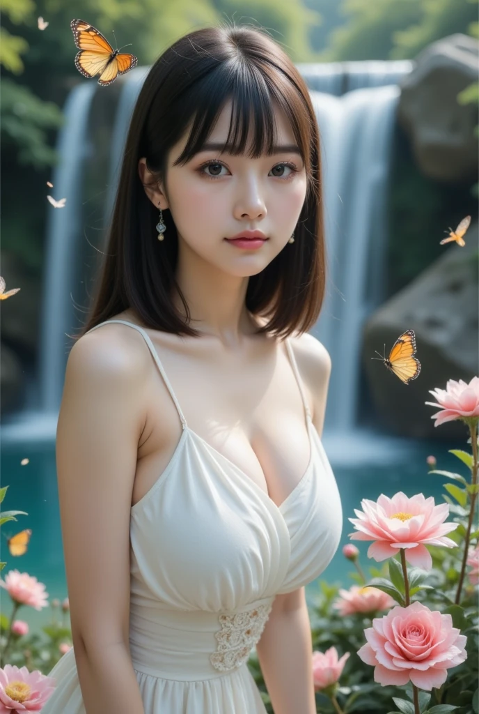 beuaty girl, Hair over the shoulder, Clear eyes, slick hair, Exquisite and perfect facial features, The most beautiful big eyes, Long eyelashes, Sweet eyes and lying silkworms, sullenness, dynamic angle, extreme picture quality, best precision, Precise and perfect human body, choker necklace, Broken, closeup cleavage, Outdoor activities, Flowers and plants in the background, shot from afar,