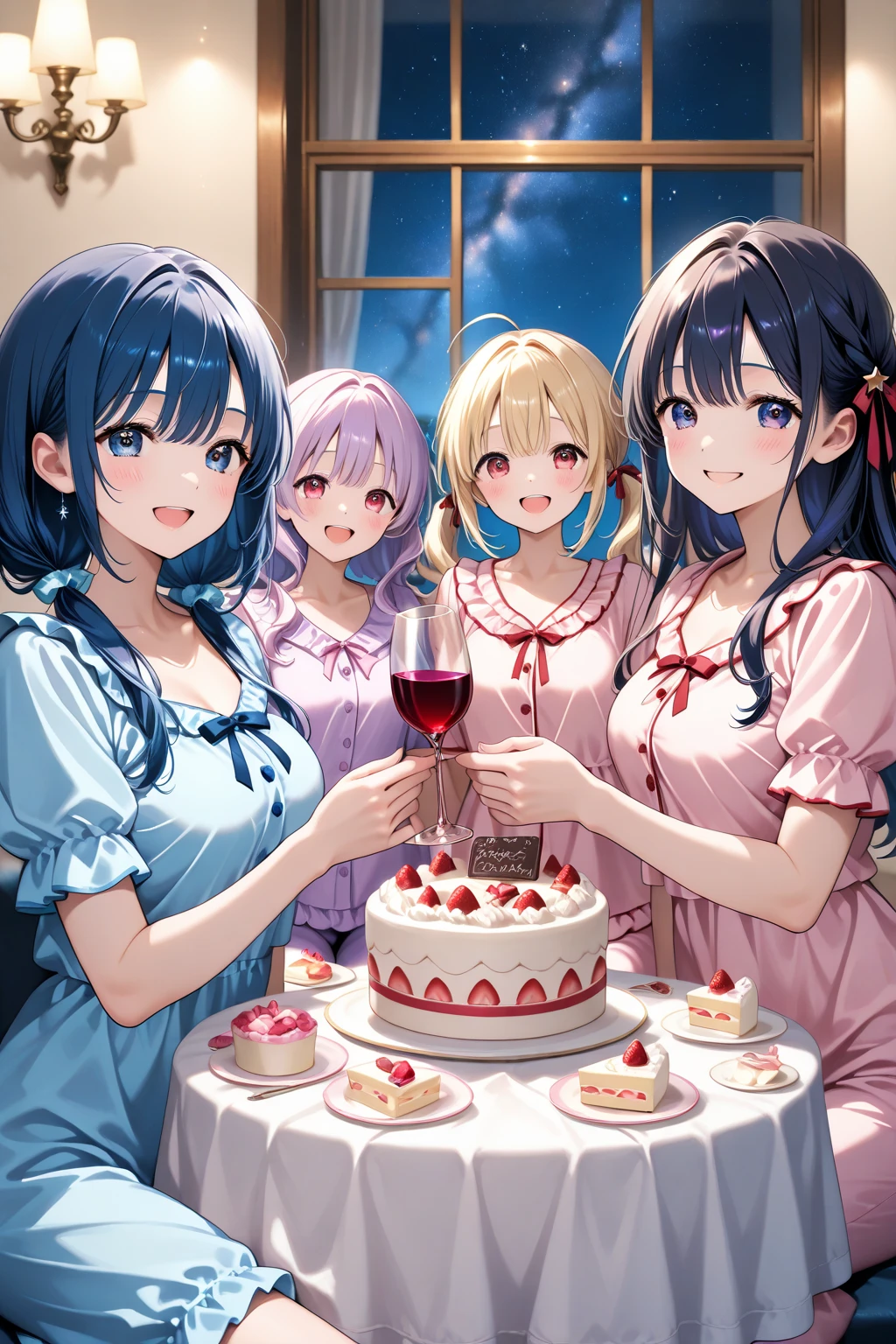 5girl, birthday party, orgy, all , sex, lesbians, black hair, birthday hats, latinas, sexy poses, cake, Chao's, kissing lips, birthday background, far away, blond hair, birthday cake