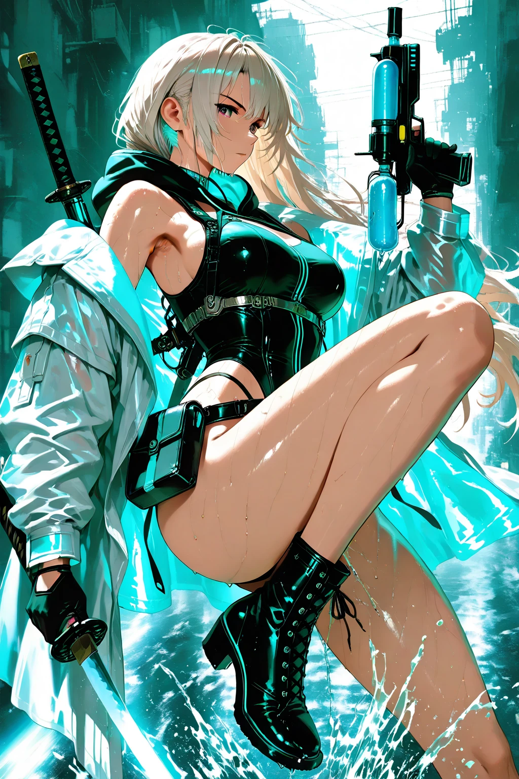 Young Adult, Androgynous, Hunter, Slime, Plasmiod, Beautiful, Athletic, Thin, Silver Hair, Shorthair, Blue Eyes, Smiling, Jungle, 3D, Cinematic, HDR, Very Detailed, HD, Background, RTX, 2K, Masterpiece, RE3Jill, ((( Slime Translucid body liquid))), Full Body, Very Detailed, HD, 3D, 2K, Masterpiece