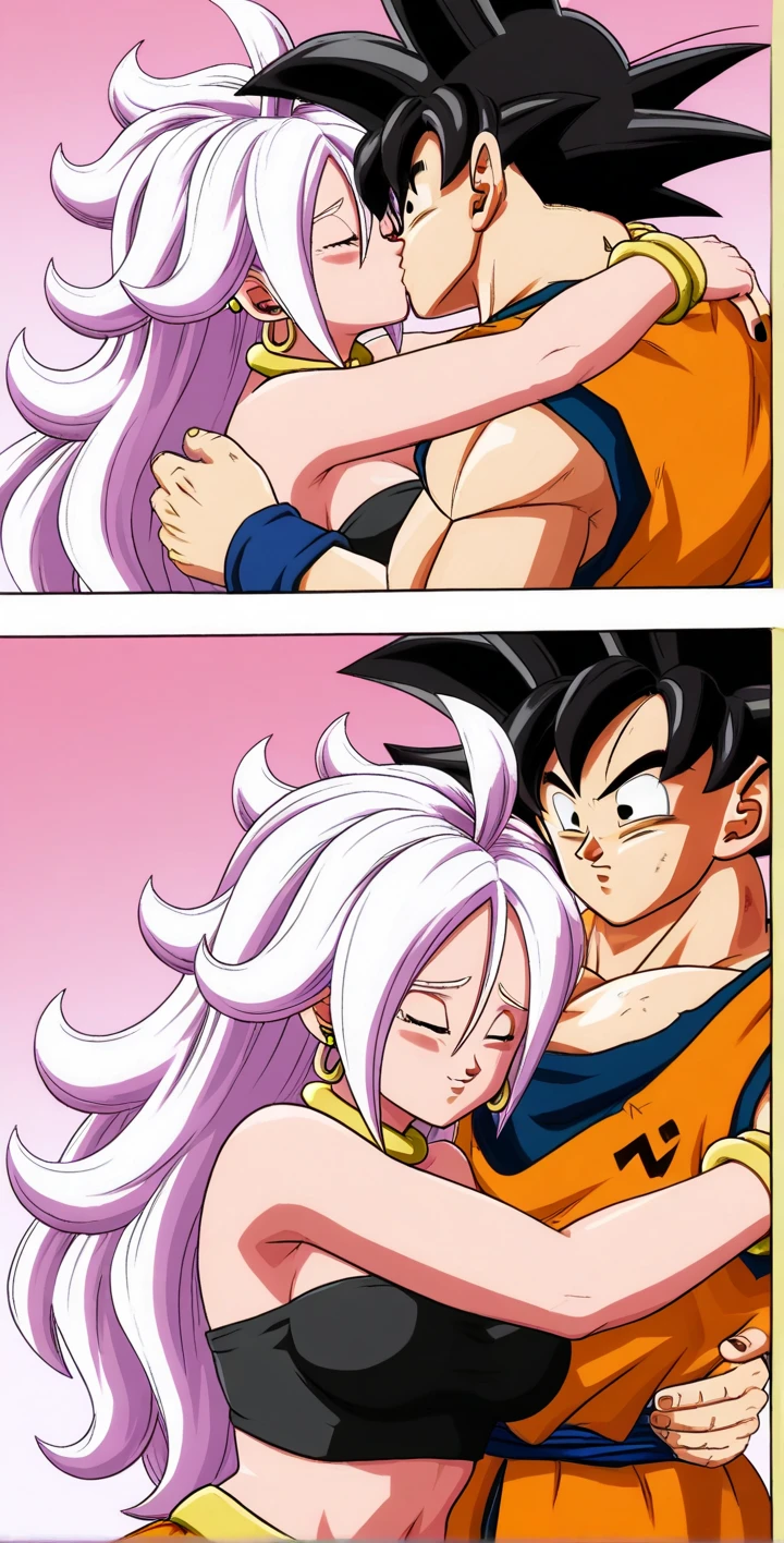 1 futa, Saiyan, combed back white hair,, green eyes,slim, thin waist, wide hips, brown skin color, medium breasts, black clothes, futanari, huge dick, large penis, steamy dick, a girl, a girl sucking futa's dick, sucking futanari's dick, a girl giving a blowjob to futa, girl giving blowjob to futanari

