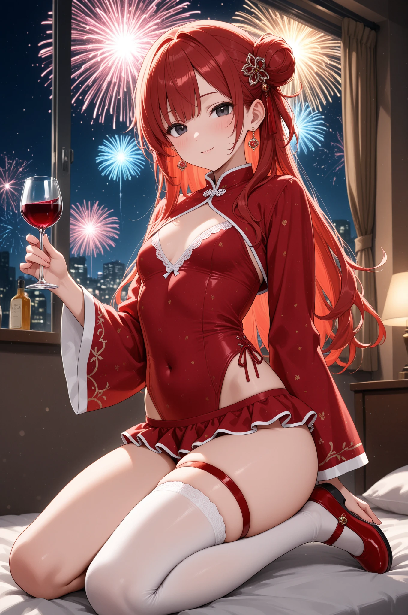 masterpiece,best quality,highres,cinematic lighting,dramatic angle,1girl,<lora:ShadowverseTidalGunnerV1:1:OUTSTYLE> ,portrait,close-up,twintails,goggles,hair ribbon,red eyes,huge breasts,thick thighs,looking at viewer,mole,:d,garter straps,fishnet,china dress,:d,highleg panties,seductive pose,chinese lunar new year,lanterns,fireworks