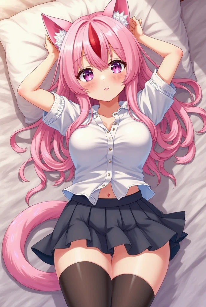 Cute anime girl, catgirl, pink haired, long hair, long fluffy hair with 2 tails at the bottom++, ribbon hairpins on both sides, strawberry hair ties, light plump skin, worried face, pink cute eyes++, round glasses, white oversized shirt, exposed belly, yellow bracelets on both wrists, thin short skirt, exposed thighs, medium sized breasts, yellow bandages on both thighs++, white oversized socks, bedroom background, laying down on a bed, NSFW,