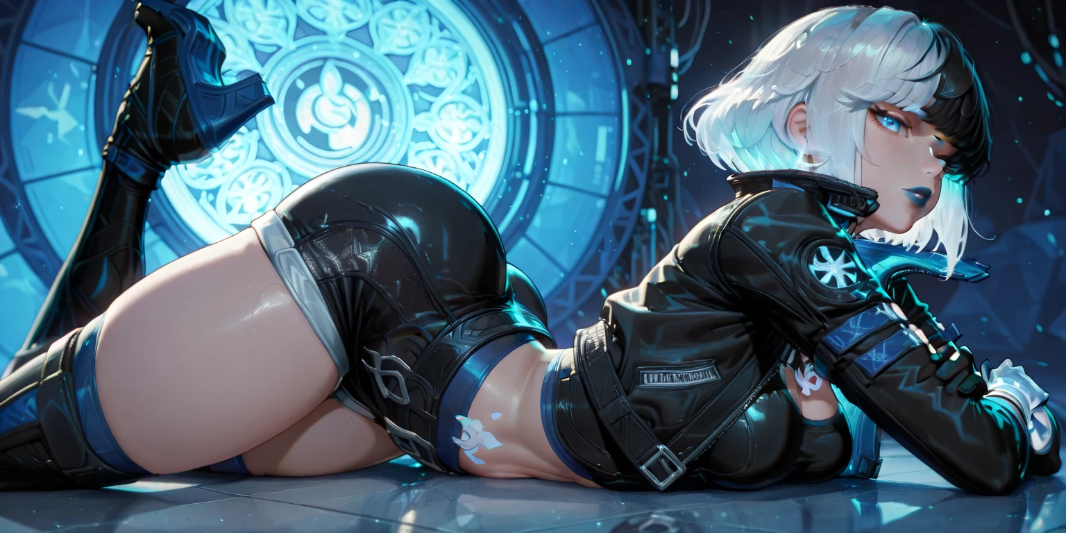 A woman wearing a bathrobe and headphones is lying on the bed、A beautiful night view behind、Big Breasts、sexy、Room with a night view、Moonlight、Unbuttoned、Beautiful woman looking back、Butt、Beautiful buttocks、Downlight、full moon、Stylish room with fireplace、Silver Hair、On all fours