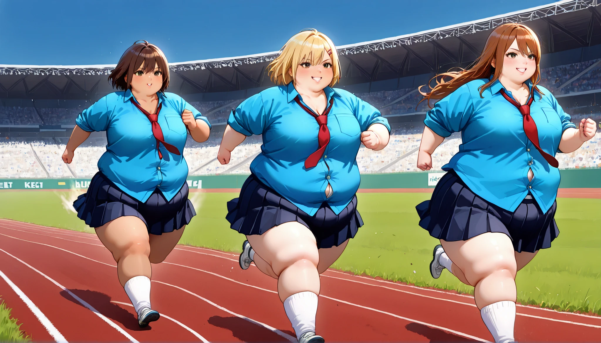 superspeed, running, motion blur, running track, outdoors, day, blue sky, grass, stadium,HDR, 8K, high contrast, masterpiece, best quality, amazing quality, very aesthetic, high resolution, ultra-detailed, absurdres, realistic, newest, scenery, score_9, score_8_up, score_7_up, group of young plump schoolgirls on running track, 3 girls, ((school uniform)), cute, grin, blond hair, brown hair, redhead, long hair, short hair, dark skin, ((chubby)), plump, ((fat)), ((round face)), (((double chin))), (((blue button down shirt))), ((collarbone)), (((tie))), long sleeves, ((rolled up sleeves)), chest pockets, short dark skirt, full body, detailed, realistic, (dickerchen), ((anime character)), (gyaru),