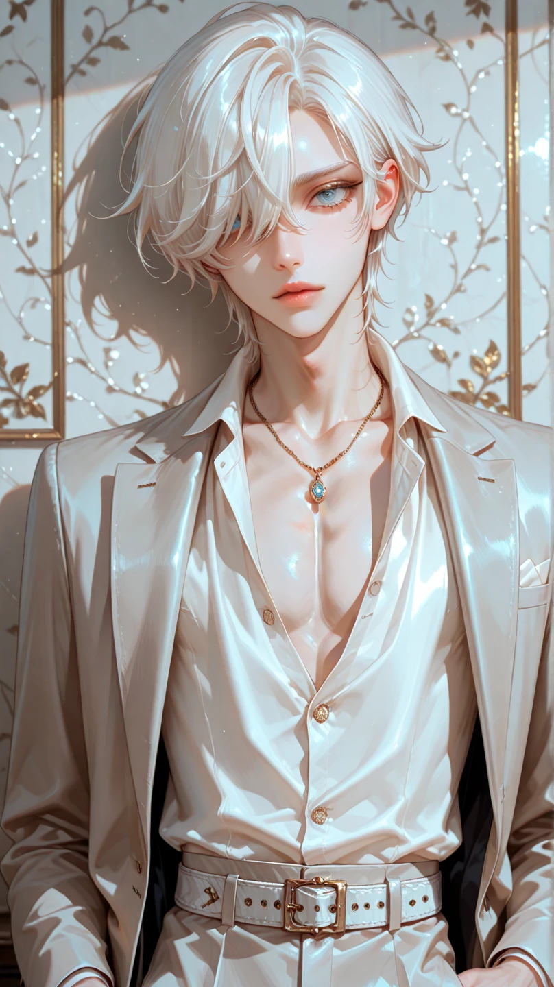 A handsome 18-year-old Korean boy with white hair, orange eyes, and an elongated, sharp facial structure similar to the idol Chaewon from the group Ruseraphim. He has a slim, attractive body. His face is neutral, with detailed and beautiful eyes, and he appears to be wearing Korean-style makeup, including eyeliner and mascara, giving him a visual kei, punk, and emo look. He wearing a jacket, shirt, and pants. The image has an everyday photography style, shot diagonally from the side, focusing on his upper body. The image has extreme detail, high-level image quality, and is a masterpiece-level illustration.