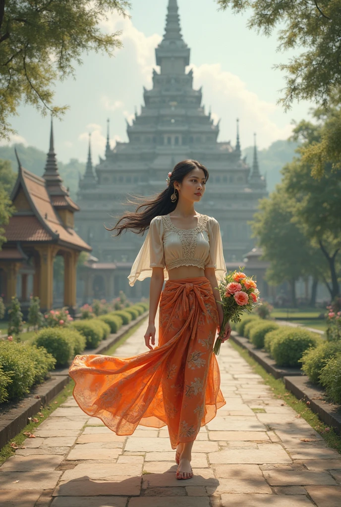 masterpiece, best quality, a perfect face, 1girl, high ponytail, black hair, wearing a gorgeous sari, nearby the taj mahal, smiling, realistic, photorealisitc, close shot, 8k, taken by a nikon camera