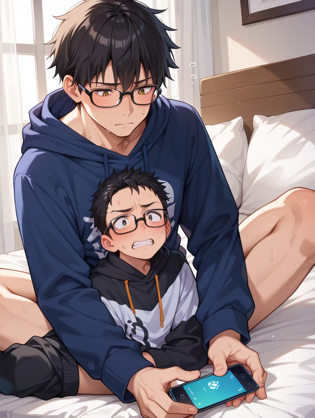 masterpiece, best quality, cute, 2 boy, on the lap, black hair 1 character, close eyes,. No clothes. Boy behind the first strong, dark boy. First boy on lap black hair and closed eyes. Second boy with his phallus between the legs on the other side which are open. White and red liquid between lap boy's thighs . Second strong muscular boy, big, tall, strong, big arms and dark. Front perspective. Naked. Second boy Behind the boy on the lap, with open yellow eyes and a twisted smile and a blushing face. First boy still with his eyes closed and a trail of tears.
