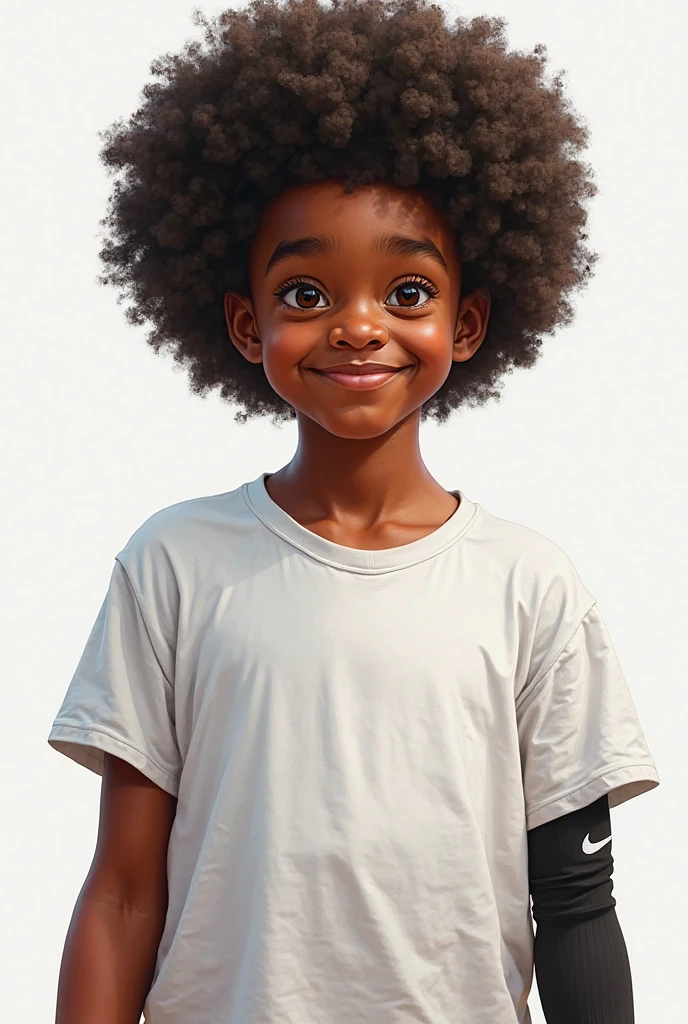 8 year old black boy 
Slightly short hair with a bit of curls
Eyes of different colors brown and blue 
Wearing a white short-sleeved shirt with black pants 
Realistic 