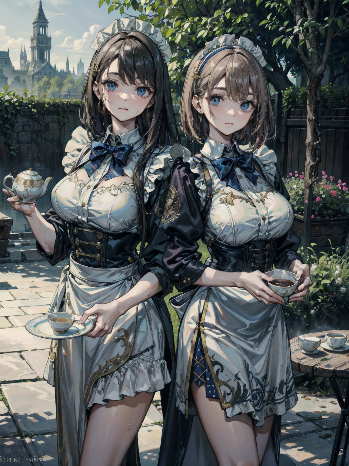 (64k, RAW photo, highres, best quality, masterpiece:2.0), (ultra-fine depiction of the detail:2.0), (realistic, beautiful, photo-realistic:1.3), 2girls, sisters, (yuri alpha),  (long black hair, slightly messy), (slightly messy diagonal bangs:1.0), (single braid bun, double bun), (shiny black hair, blue-gray eyes), (cool glasses), (gothic style vivid blue choker), (blue bowtie and ribbon), (simple but high-quality maid dress), (elaborately designed, vivid dark emerald green, spiked gantlets), (solemn maid dress with gothic style coreset), (????????????, ???? cleavage), (elegant and handsome woman), (shiny skin, pink lips), (looking at the viewer), (closed mouth, a faint smile), (a caring, gentle gaze towards the viewer:1.2), (at a quiet bar counter, in the night, filled with solemn, mysterious atmosphere), (highly sophisticated professional HDR, with effective ambient occlusion, perfectly optimized effective spot light and front light:1.8), (perfect, natural, harmonious composition), (photo-realistic, ultra-detailed:1.5), ((portrait, cowboy shot:1.6))