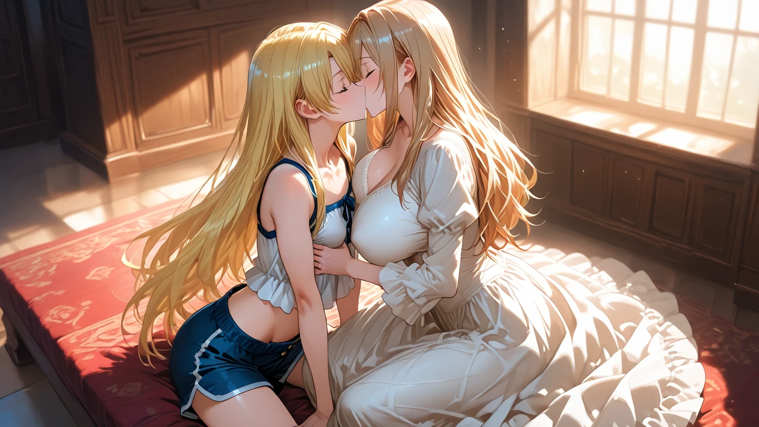 masterpiece, best quality, ultra detailed, highres, extremely detailed CG unity 8k wallpaper, perfect lighting、beautiful and aesthetic,sharp focus, perfect face, Perfect hands、Perfect Fingers、Perfect toes、Five fingers、、highest quality、Woman 1 Blonde、Blunt bangs、blue eyes、Sparkling eyes、extremely big eyes、smile、blush、negligee、Face close-up、Off the shoulder、(Large Breasts:1.3)、(Hide your arms behind your back:1.3)、(yuri:1.4)、( kiss:1.2)、(Massage the breasts:1.2)