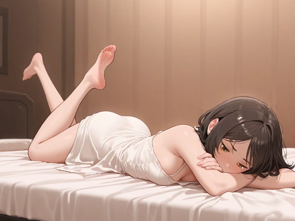 Highest quality、Ultra-high resolution、Fantasy、roleplaying game、A naked girl under the age of 10 lying on a bed with an embarrassed expression on her face