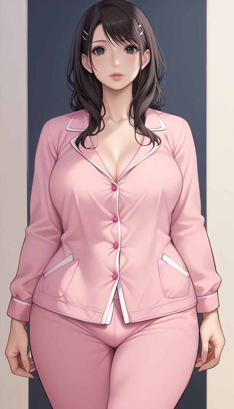 MILF BIMBO KNEELING RED short bob haircut hairband female wearing a pink pajamas, video games, pink outfit, tv, fluffy teddy bear toy 🧸 🐻, bed, white pillow, black gazed cross belt blindfold, bodybuilder abs toned, hands inside pajamas pockets