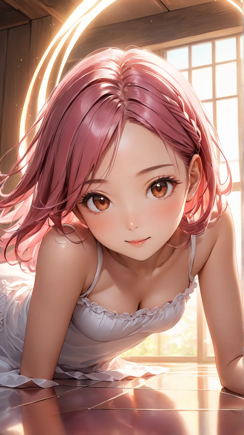 (masterpiece, high quality, highres,Highest picture quality), (Master's work),(pink theme :1.3),indoors,simple background,blurry background,warm light,heart, [(white background:1.2)::5],(from above:1.05),full body, 
(1loi:1.1),mesugaki,solo,collarbone, necklace,ornament,(blush:0.6), (heart ahoge:0.9),teasing, (makeup:0.5), small breasts, (head tilt:0.75),twintails,
bare shoulders, shiny skin, shiny hair,long hair, smile, fangs,light smile, upskirt, naughty face,(heart-shaped pupils,bright pupils:1.1),