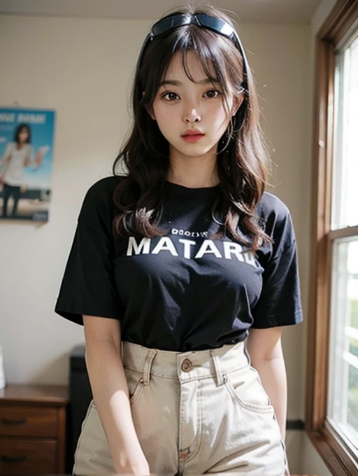 [an ultra-realistic Asian woman at Seoul International Airport], oval face shape, black hair color with brown streaks, medium long wavy hair, 25 years old, (wearing a yellow and black short-sleeved oversized t-shirt with a logo, black tights, premium snickers white), middle layered haircut, bell shaped breasts