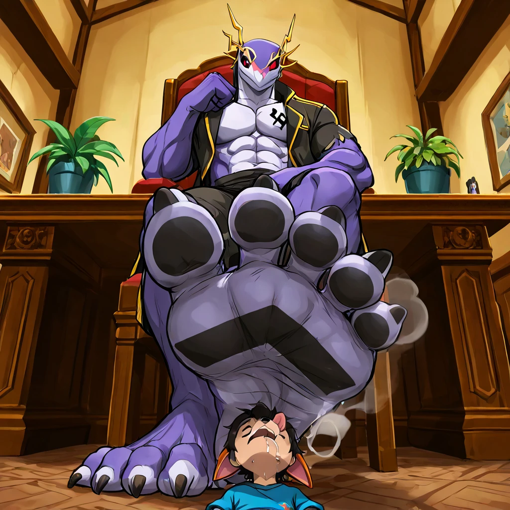 colored sclera, smile, animal ears, tattoo, sitting, furry male, anthro, standing, 1boy, thighs, jacket, red eyes, indoors, flexing, anthro male, torn clothes las  Plants de sus pies están enrojecidas, anime_ source , score_9, score_8_above, score_7_above,  1 number, looking at the spectator, Depth of field, enfoque de pies barefoots, masterpiece, Tops, screenshot of anime, colored anime, , looking at the spectator, 1 child, Alone, male focus, half full plane, evil expression.muscular_male.evil expression.muscular, toned_male, toned, Muscular_male.whole body. masterpiece, Tops, amazing quality, very aesthetic, high resolution, ultra detailed, absurd,  the newest , el personaje muestra sus pies barefoots y sudorosos ( Plants) towards us leaning on a desk in front of us while sitting in a chair. Sus pies barefoots y sudorosos están cerca de nosotros (centrándose en sus  Plants) (primer plano de las  Plants) screenshot of anime, masterpiece, Tops, amazing quality, very aesthetic, official style, 1 child, Alone, barefoot, is an adult, official style, barefoot, focus on the feet, looking at the spectator, Alone, anime coloring, perfect feet, anatomically correct,  Plants, focal length of 35 mm,  five fingers, frontales,  Plants simétricas, sitting with his feet prominently shown to the spectator, está barefoot y las  Plants de sus pies son el foco central de la imagen, appearing up close. high resolution, Tops, Precise, No extra fingers,  stinky feet  , full of steam  , , size difference, 1 , standing on a man,   Soles  , from below, looking down, forced to the mouth ,  faceless boy  , (licking feet:1.2),saliva