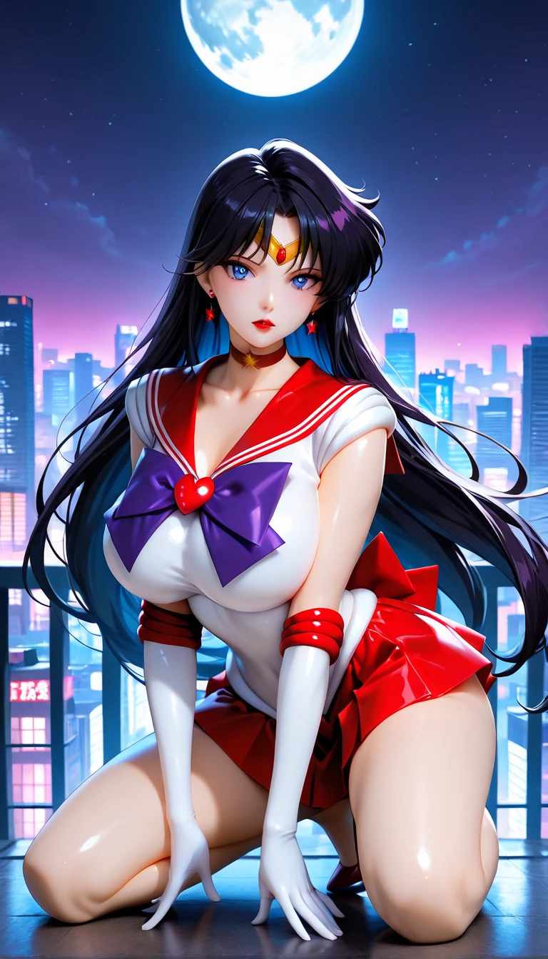 Sailor Mars, (masterpiece), Black Hair, blue eyes, Expressive eyes, Beautiful woman, Long Hair, Pink is good, Cleavage, round chest, Moon Tiara, White panties, Round ass, Blue Boots(Plump:1.2, Huge breasts), (Heavy chest:1.1, ),very short skirt