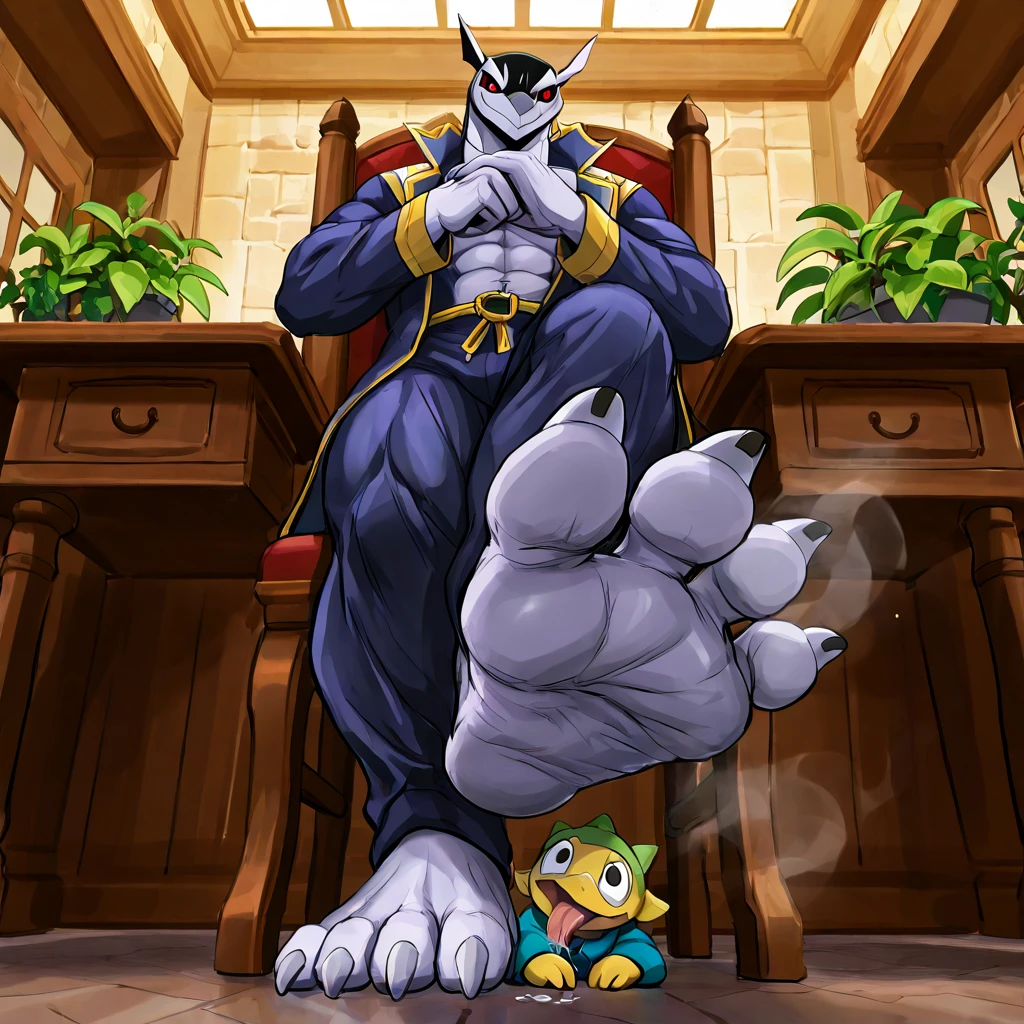 colored sclera, smile, animal ears, tattoo, sitting, furry male, anthro, standing, 1boy, thighs, jacket, red eyes, indoors, flexing, anthro male, torn clothes las  Plants de sus pies están enrojecidas, anime_ source , score_9, score_8_above, score_7_above,  1 number, looking at the spectator, Depth of field, enfoque de pies barefoots, masterpiece, Tops, screenshot of anime, colored anime, , looking at the spectator, 1 child, Alone, male focus, half full plane, evil expression.muscular_male.evil expression.muscular, toned_male, toned, Muscular_male.whole body. masterpiece, Tops, amazing quality, very aesthetic, high resolution, ultra detailed, absurd,  the newest , el personaje muestra sus pies barefoots y sudorosos ( Plants) towards us leaning on a desk in front of us while sitting in a chair. Sus pies barefoots y sudorosos están cerca de nosotros (centrándose en sus  Plants) (primer plano de las  Plants) screenshot of anime, masterpiece, Tops, amazing quality, very aesthetic, official style, 1 child, Alone, barefoot, is an adult, official style, barefoot, focus on the feet, looking at the spectator, Alone, anime coloring, perfect feet, anatomically correct,  Plants, focal length of 35 mm,  five fingers, frontales,  Plants simétricas, sitting with his feet prominently shown to the spectator, está barefoot y las  Plants de sus pies son el foco central de la imagen, appearing up close. high resolution, Tops, Precise, No extra fingers,  stinky feet  , full of steam  , , size difference, 1 , standing on a man,   Soles  , from below, looking down, forced to the mouth ,  faceless boy  , (licking feet:1.2),saliva