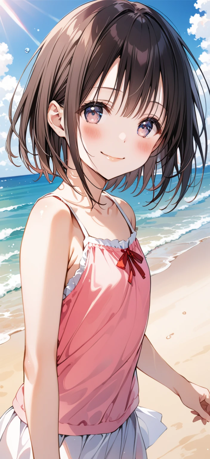 child, open mouth, smile, outdoors, day, solo, 1girl, pink one-piece swimsuit, brown hair, cloud, swimsuit, brown eyes, sand, beach, standing, frilled one-piece swimsuit, frills, floral print, print swimsuit