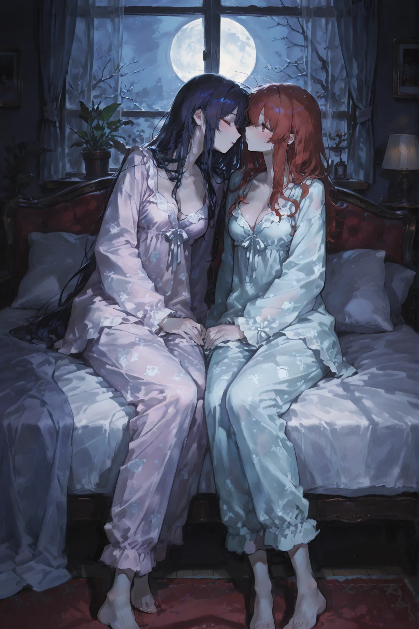 multiple people sticking out、Late night pajama party in bedroom, women in attractive sleepwear, moonlight through window、Dim lighting,sitting on bed or sofa talking、