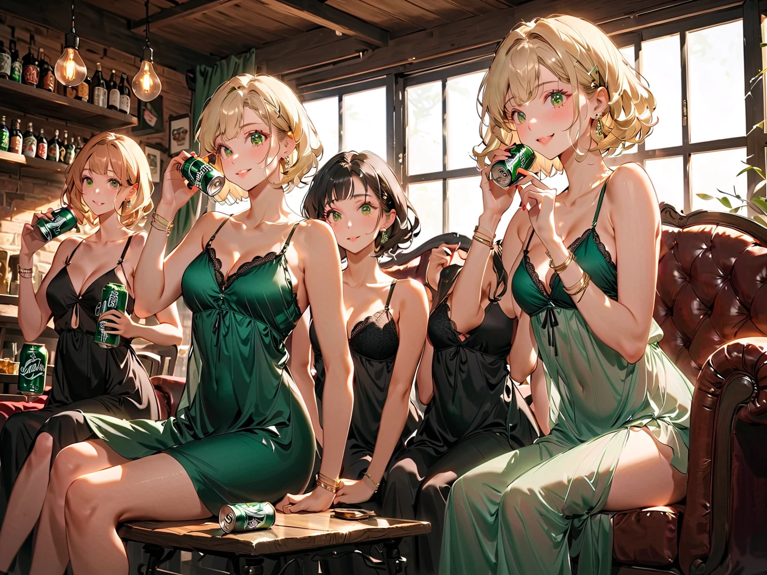 best resolution, russisn, half-body shot, 3heads, three headed girl, brown hair, green eyes, bob haircut, purple dress, wavy hairs, fox ears, four hands.