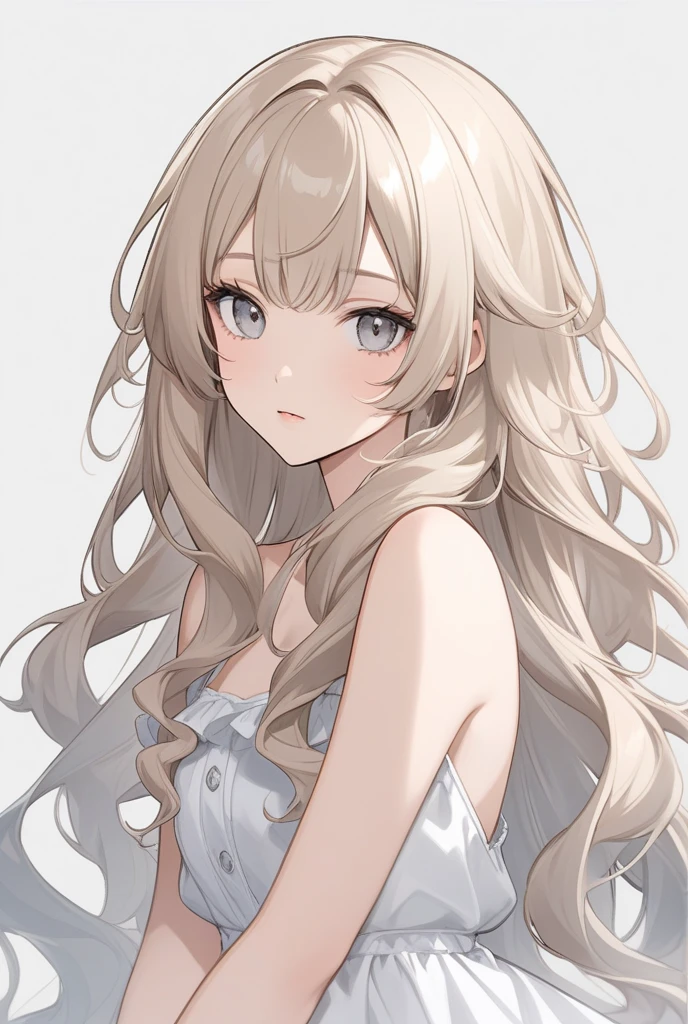 Score_9, Score_8_up, Score_7_up, 1, woman, long straight hair with curly ends, light brown hair, split bangs, gray eyes, large breasts, expressionless, white chemise dress V-neck squinting eyes, mouth closed, standing, arms crossed, side view, thighs, bottom view, upper body, masterpiece, best quality, white background, long parted bangs, long ears, character design, full sheet, bruja