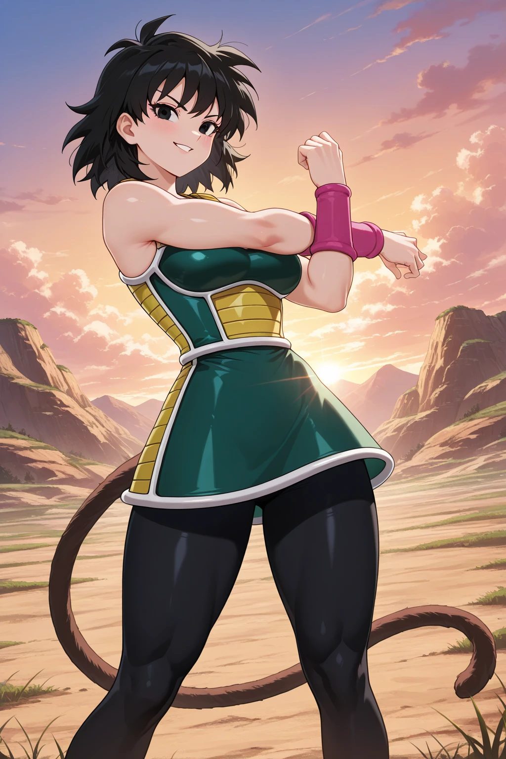 masterpiece, best quality, gine, saiyan armor, green skirt, wristband, black pantyhose, tail, white boots, sitting, from side, smile, looking at viewer, alien planet <lora:gine-nvwls-v1-000012:0.9>