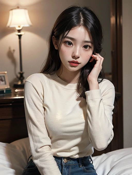 Blondeの女性1名、large black ribbon on the head、(Super beautiful)、(Beautiful Face:1.5)、(Please sit down:1.4)、(Shooting from above the knee)、(Detailed face:1.5)、(Detailed Eyes:1.2)、(Lips Detail:1.2)、(Detailed nose:1.2)、(expose panties.:1.8)、Spread your legs、Provocative pose、(Black long sleeve sweatshirt:1.5)、(Thin black tiny string panties:1.5)、(Compensate:1.1)、(Blonde)、Long Hair、(At SFW:1.6)、(morning:1.4) 、Photo quality、Surreal、Photo-realistic face、Realistic body、Fine skin texture、super high quality、Sitting on the sofa、European、Blondeと黒い大きなリボン