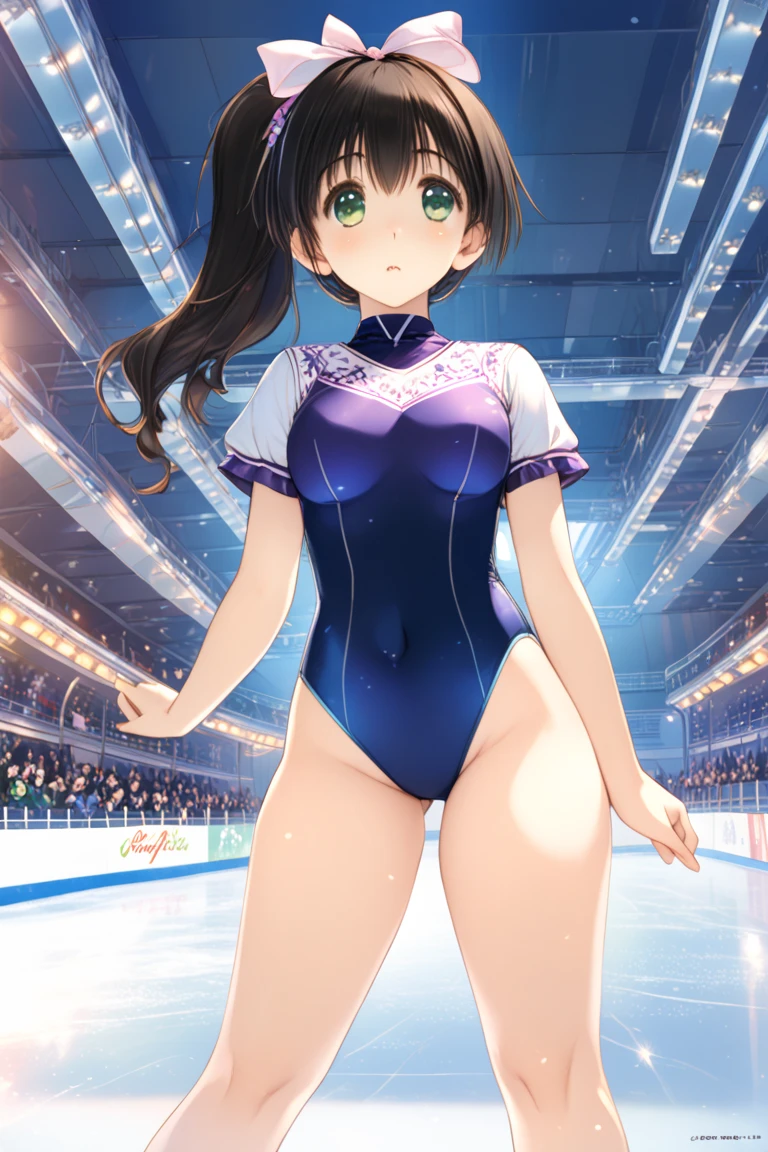 Standing with one leg raised high、No panties、 genitals are showing through、Glossy pure white rhythmic gymnastics leotard、sexy pose、no-bra、huge tit、Shiny black long hair、Shameful、Rhythmic gymnastics arena