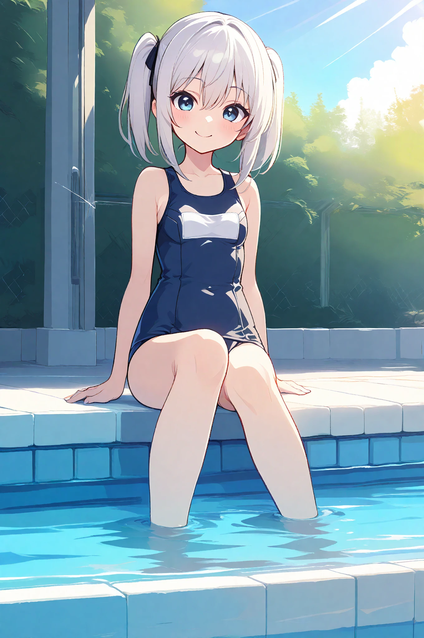 Beautiful Skin、high school student、 (Swimwear)、smile、((solo))、Pure white background、Sitting on a pure white bench