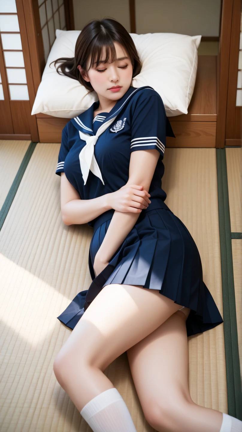 8K、top-quality、masterpiece:1.2、Real 1.5、Realistic 1.5、Photorealsitic:1.3、18year old、girl with:1.5、Colossal tits:1.5、a sailor suit、校服、student clothes、a miniskirt、Panties visible from the skirt、cute little、A smile:1.2、sitting on、Opening legs、Open legs、Panty white、