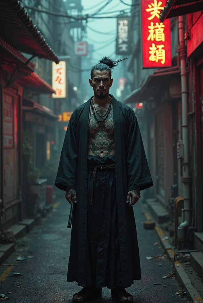 tall dark-haired young man, with long hair, wearing a black kimono without a shirt and katana in a cyberpunk environment
