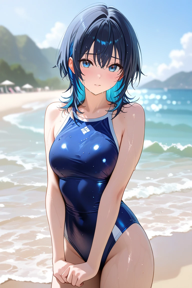 masterpiece, highest quality, 超detailed,Rem,Re Zero, 1 girl, (20-year-old),smile, blue hair, blue and yellow eyes,short hair,cheongsam clothing,((Kung Fu Stance,Battle Pose,overmatch,Sunburn mark,Nigiri fist,good)),latex, shiny, (masterpiece), (highest quality), (超detailed), more_detailed:-1, more_detailed:0, more_detailed:0.5, more_detailed:1, more_detailed:1.5, tan, black skin, Outer World AI, Glow Phi,Ocean,beach, beautiful background, beautiful girl, 