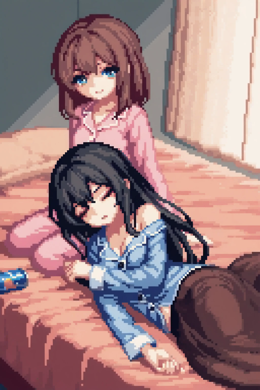One girl, 20 years old, downtrodden girl, tired girl, confused girl, uncertain posture, long hair, black hair, brown hair. eyes with a transition from blue to purple, dark hair, anime style, 4k image, full body, modern appearance. all the details have been worked out, modern clothes, full-fledged clothes, baggy clothes, cheap clothes, detailed face, lots of details, very detailed, deep, elaborate facial expression, in the apartment, sleeping in bed, lying on the bed, sleeping