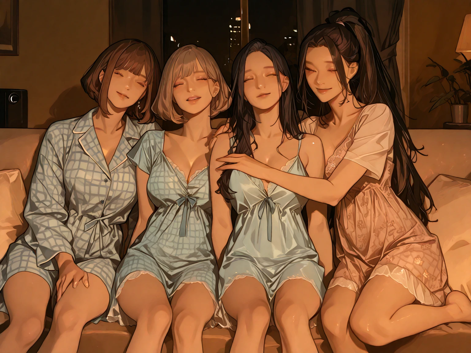 Cinq filles en robe de nuit en 2024 dessin style manga sexy dans une chambre de nuit, blotties les une contre les autres sur un lit