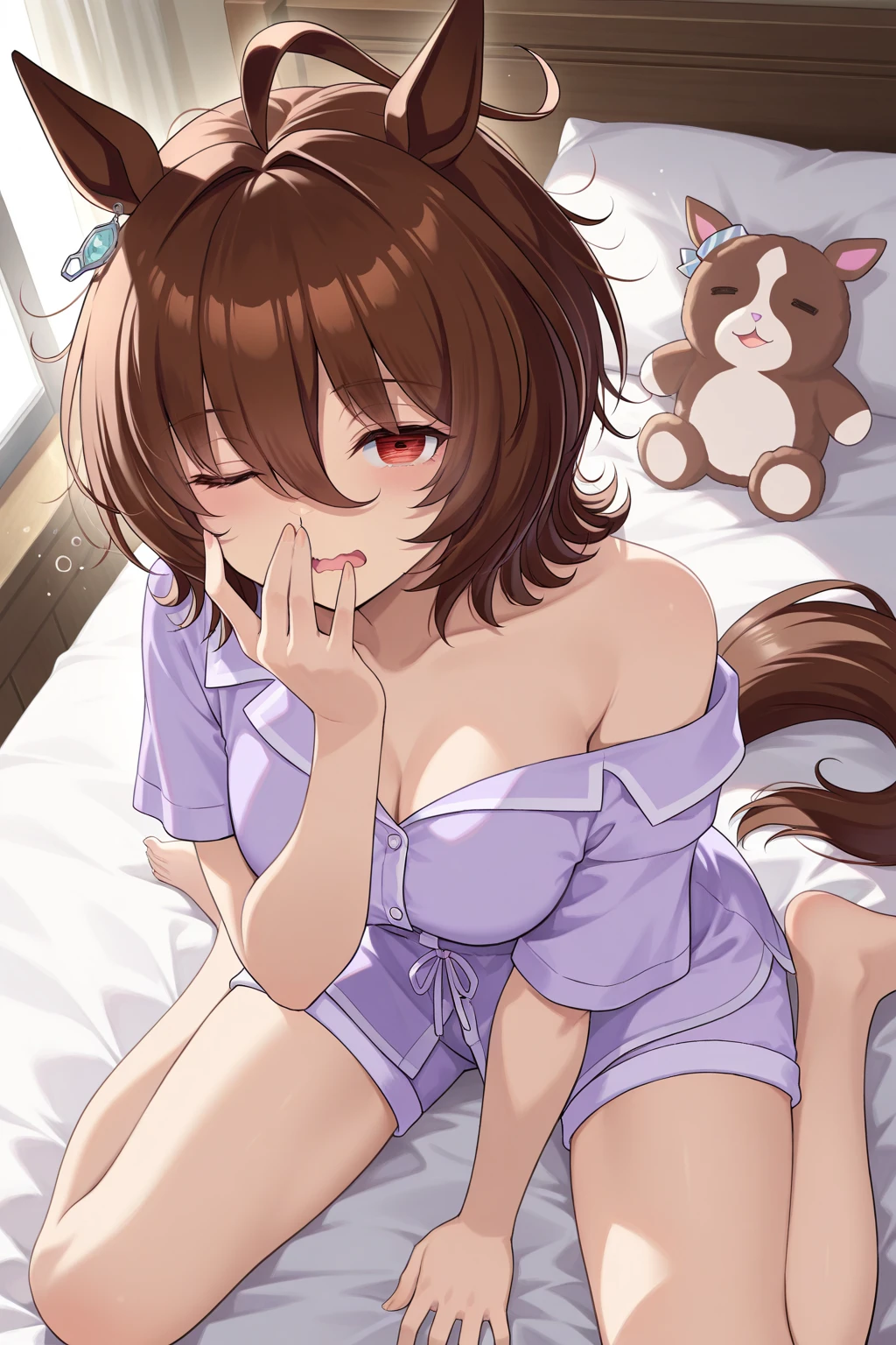 Masterpiece, top quality, 1 girl, solo, 18 years old, beautiful African girl, {beautiful and delicate eyes}, long hair, (brown hair), (straight bangs), (big breasts), calm expression, natural soft light, delicate facial features, seductive human face, smiling eyes, open lips, looking at the viewer, normal body structure, correct proportions, perfect hands, seductive body shape, sweaty skin, film grain, real, light, full body blush, red eyes, navel, animal ears, naked, very long hair, thighs, cowboy shot, hairband, parted lips, midriff, (cat ears:1.1), (lilac lace underwear:1.3), (high socks:1.1), bondage, (in box:1.8), arms behind back, bound, tears, (lying on side:1.3), indoor, sunny day, windows, bedroom background.