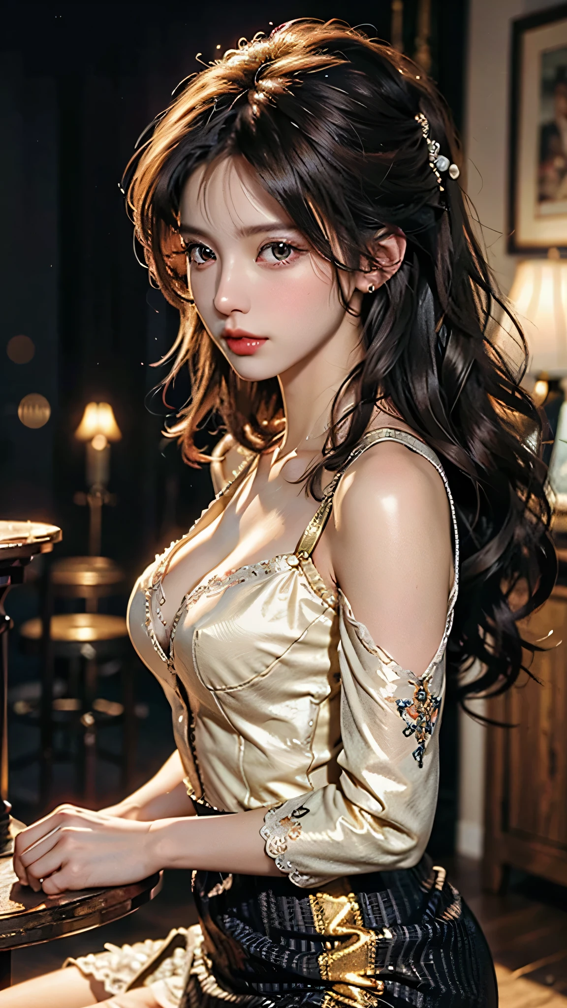 (top-quality、hight resolution、masterpiece:1.3)、full bodyPretty women、Slender figure、smile,shiny skin peal skin Dark brown hair styled in loose waves、tshirts、Intricate details exquisitely rendered in the texture of the face and skin、sexy pose,A detailed eye、二重まぶた