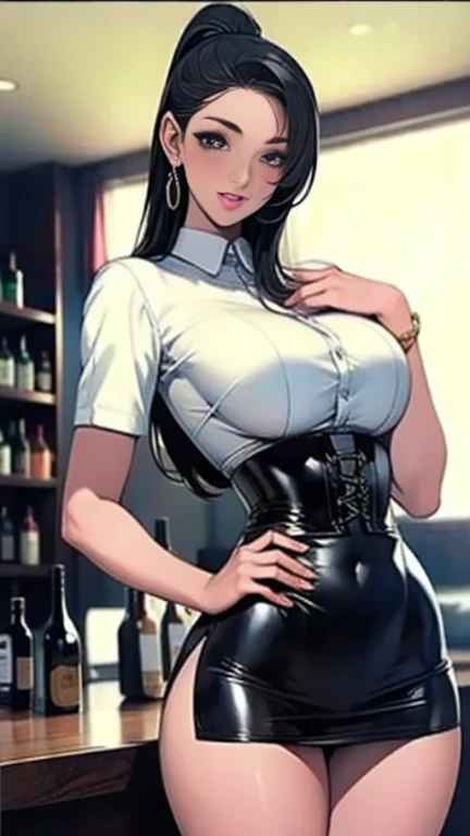 ((Best quality)), ((masterpiece)), (detailed: 1.3)

Beautiful woman, one girl, very detailed eyes, very detailed hair, very detailed clothes, very detailed face, 20 years old girl

((Purple eyes)), ((black hair, long wavy hair, long side bangs)), ((elf ears)), heart earrings, piercing, tanned skin, ((white leather jacket)), ((white lace bralette)), ((white leather shorts)), large breasts, cleavage, thick ass, choker, heart necklace, beautiful eyelashes, eyeliner, sultry eyes, juicy lips, soft blush, smooth skin, freckles, natural eyebrows.

Posing sexily, provocative, looking at viewer, in love with viewer, cinema lighting, standing, restaurant.