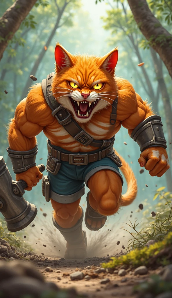 Hyperdetailed Painting, Jean-Baptiste Monge Style, Anthropomorphic Persian Cat, knight, muscular ,detailed pupils ,orange hair, red and green armor, kubrik stare, pale skin, greaves, dagger, dual wielding , High Quality, Very Angry Face, Body Fitness, Full Body, Long Hair with Braids, Night in the forest with fireflies,