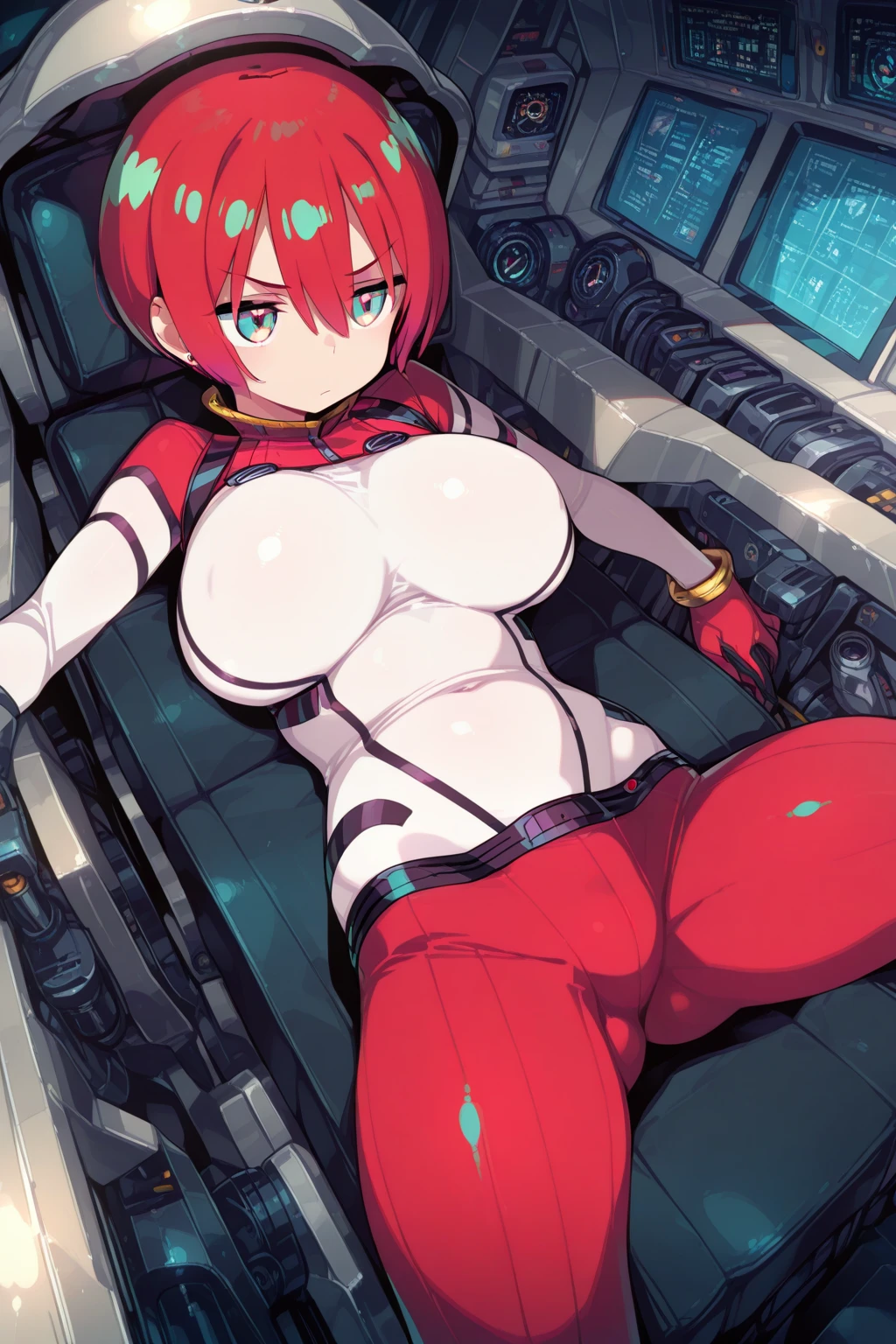((1 cyborg woman)),((huge breasts)),((biomechanical legs, legs open legs)),((bare breasts, completely naked)),((red hair with short white stripe with ponytail, eyes green)),((sitting in a wheelchair in a gray futoristic room, in front of the computer)),((opening her pussy with both hands)),((with a large penis coming out of her pussy, erect penis, caressing parts their intimates)),((drinking a glass of sperm)),((esidada's face, flushed)),((turned to the spectator)),