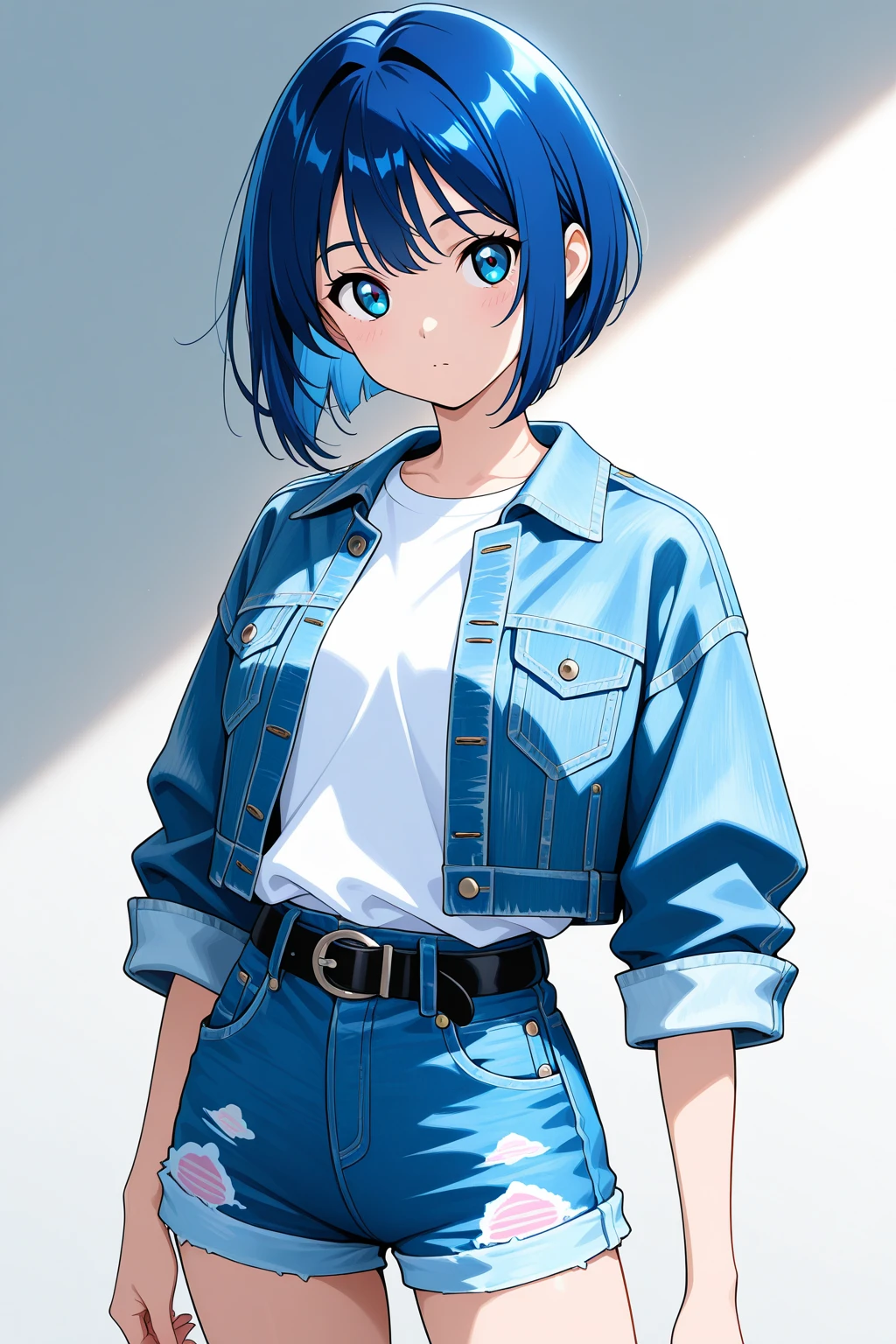 masterpiece, best quality, cowboy shot, view from below, 1girl, looking at viewer, cyan eyes, cool beauty, very short hairstyle, dark blue hair, sharp eyes, mature face, slim body, casual clothes, wet clothes, wet, nervous face, nervous smirk, tomboy, wild appearance, wild style