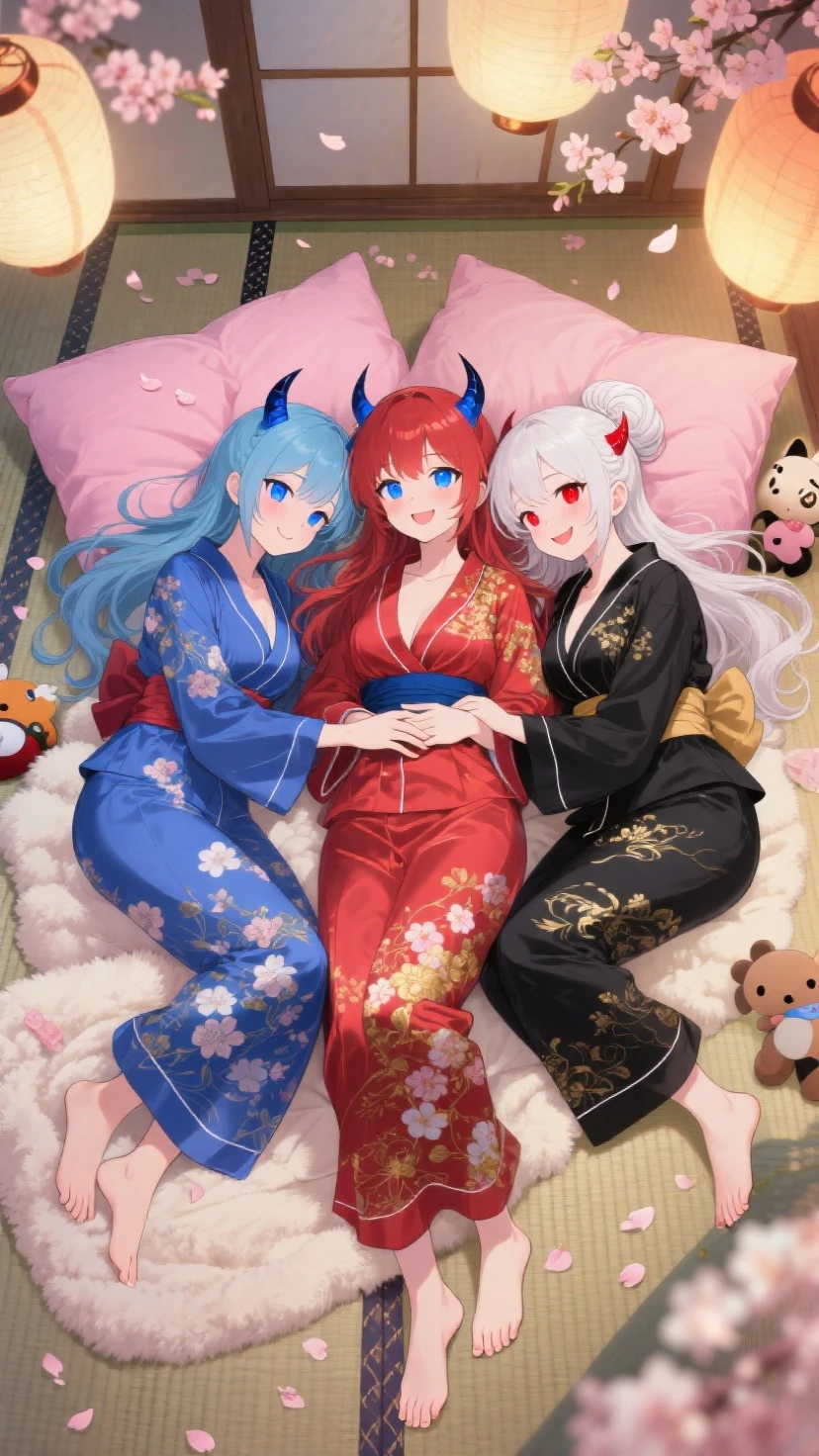 Wanye is an adult woman, with red eyes, white hair tied into short braids and placed on the back of her head,Below the two strands of dull hairs on the top of the head is a red dye with the same color as the pupil,red color eyes,F-cup,Wearing a red cheongsam,Wearing black silk,Holding Wendy。 Wendy is an adult girl,But it's actually very mature,The hair is blue and fades to dark green,The sideburns have two twisted braids,These two braids fade from blue to dark green,cyan eyes,Cyan cheongsam,E cup,Wearing white silk。The two of them sat intimately on the bed。