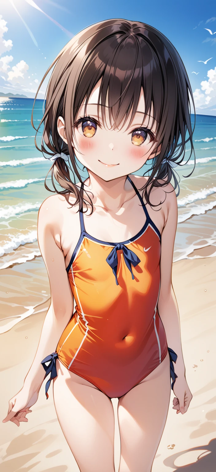 Follow Us, Yuki mandarin orange, (Brown eyes:1.5), Brown Hair, hair ornaments, hair scrunchie, Long Hair, (Flat Chest:1.2),happy smile, smile, Open your mouth,
Open your mouth,School Swimsuit,Straw hat,Holding a swim ring in both hands,True Summer,Palm tree,Are standing　　　　　　　　　　　　　　　　　break looking at viewer, whole body, 　　　　　　　　break outdoors, Sandy Beach,Beach,　　　　　　　　　　 break (masterpiece:1.2), Highest quality, High resolution, unity 8k wallpaper, (shape:0.8), (Beautiful and beautiful eyes:1.6), Highly detailed face, Perfect lighting, Extremely detailed CG, (Perfect hands, Perfect Anatomy),