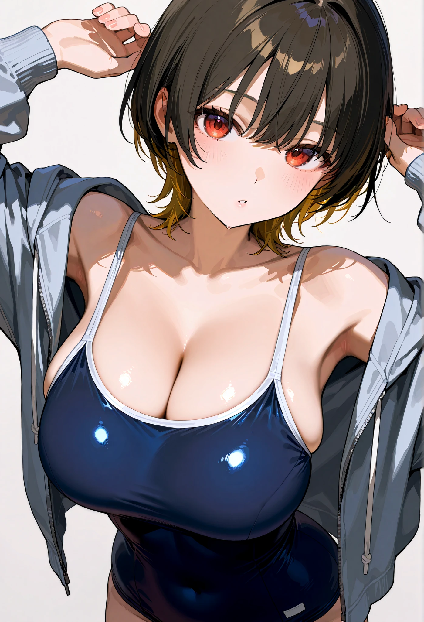 (Best quality, 8k, 32k, Masterpiece, UHD,:1.2),RAW, 1girl,ultra cute , natural lighting,transparent shining eyes, 20yo ,fair complexion, ((bra , sexy bra, lace bra )), Cowboy Shot, standing, shiny, large breast, bright, White Background, Hugging own breast, ((Closeup shot)), emphasizing the Cleavage, breast shot, face Closeup, Head shot, brown hair,, bobcut, leaning forward