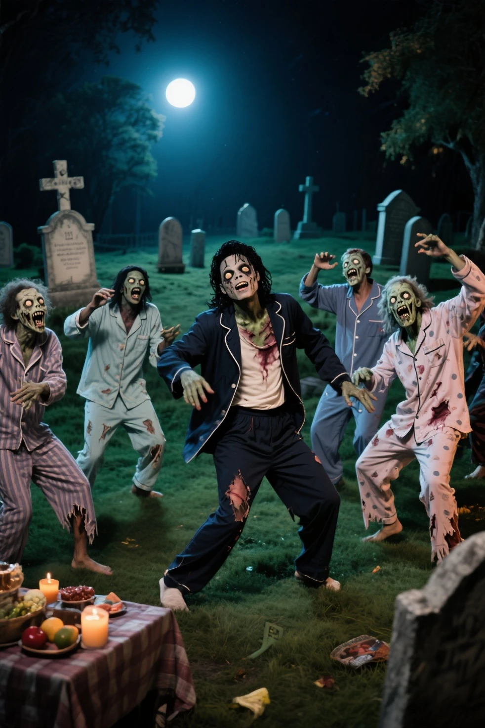 mjthriller zombies having a barbecue in the grave yard, intricate detail, detailed face, very sharp, high quality, (still from an action movie) <lora:hjmjthriller_v10:0.8>