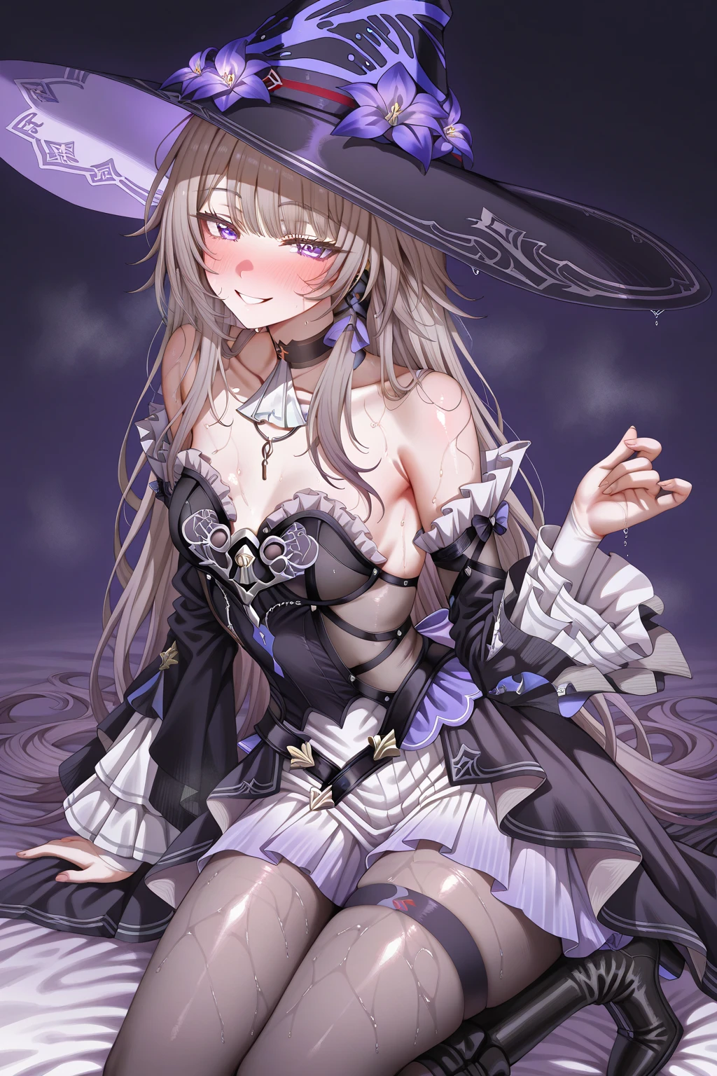 A woman ，Gorgeous young princess，Victorian style，clavicle，Prominent and smooth underbreast area，Fallen Witch，Very transparent witch costume，Intricate details，Beautifully，Hip tattoo, 
