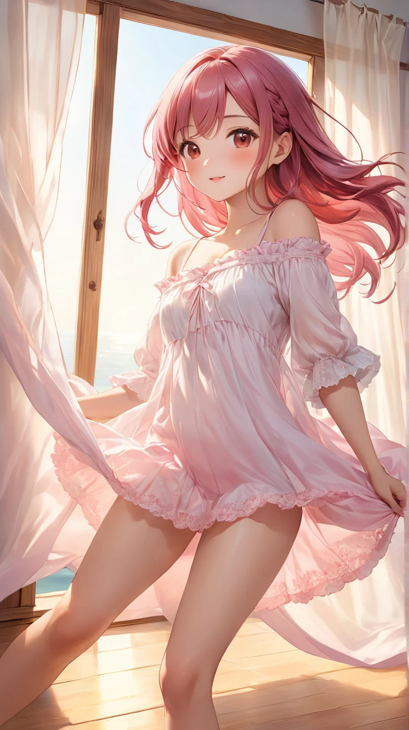 top-quality, A detailed face, 1 girl in, a sand-haired, longed haired, orange eyed, ((pink babydoll)), ((frilly babydoll)), ((see-through)), off shoulders, wearing a pastel pink (sheer) babydoll, cute pink panties and bra underneath her sheer babydoll,