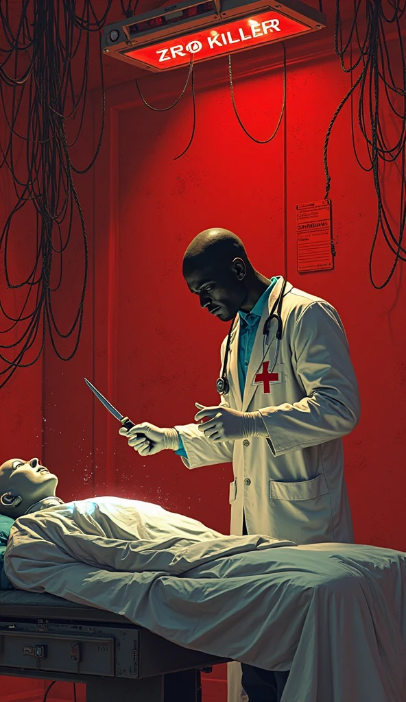 Extreme Long Shot, Surrealist art, full body image. The man has gothic make-up with stitches, his face looks burnt, parts of his head are visible, the hospital patient's clothes are dull and dirty with tomato sauce spots. Sitting on the emergency bed. background of an ancient shiny black ambulance with a coffin beside it. Pulse fiber effect combination of red thick syrup droplets. gloomy light. background of old dirty dirty abandoned cemetery. 3D render.HD
